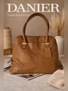 Danier Brown Leather Pebbled Cowhide Shoulder Tote with Gold Accents